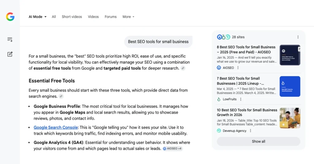 Google AI Mode Best SEO tools for small business