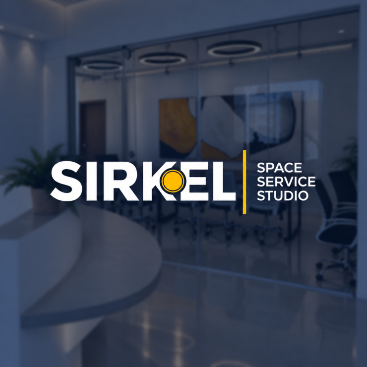 Sirkel Space Service Studio logo over a navy-tinted workspace photograph