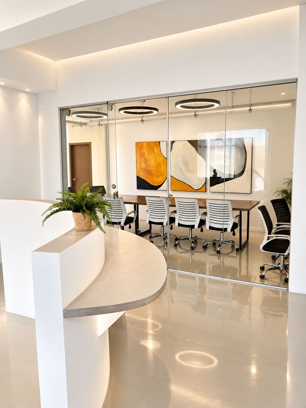 Sirkel reception desk beside a glass meeting room
