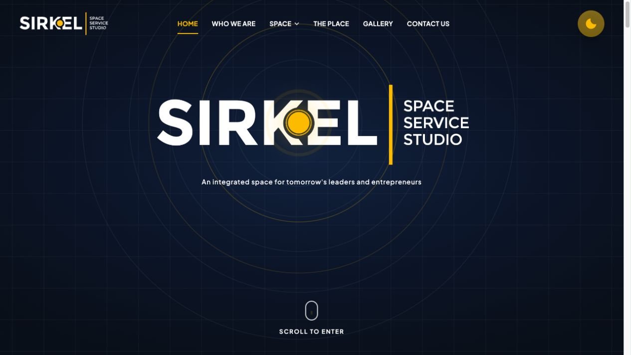 Sirkel website in dark mode with white lettering and concentric yellow circles